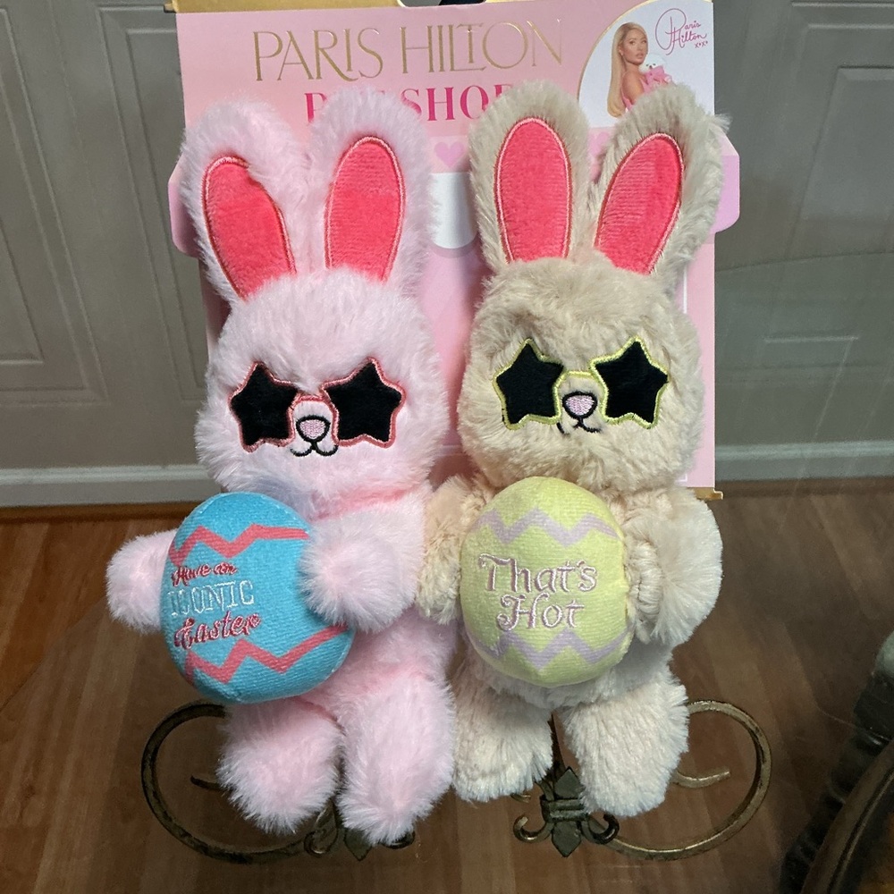 Brand New Set Of 2 Easter Paris Hilton Bunnies Dog  Toy- Very Solf  Squeaker 10” - Picture 4 of 6